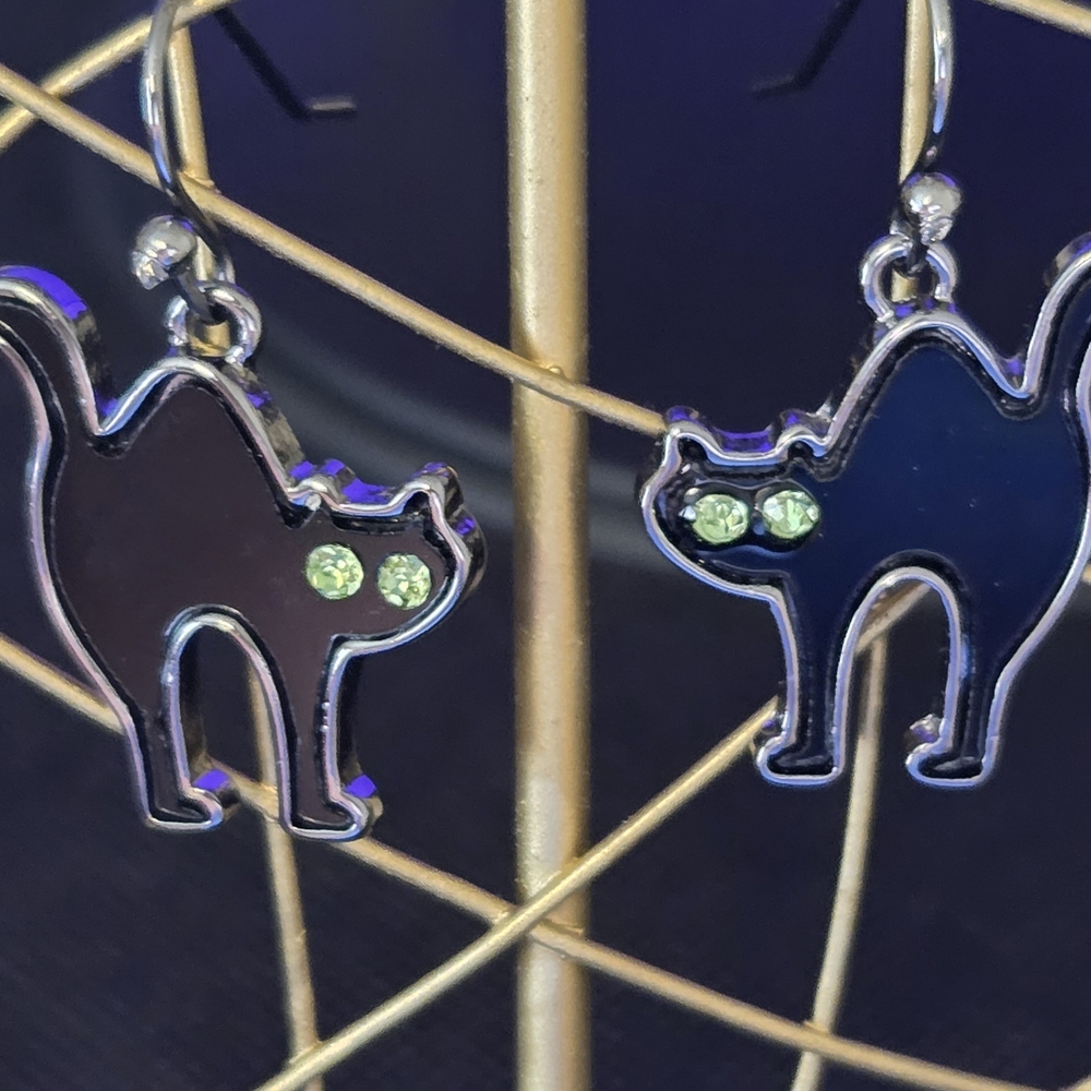 Halloween Black Cat Earrings with Green Glass Eyes Dangling Drop